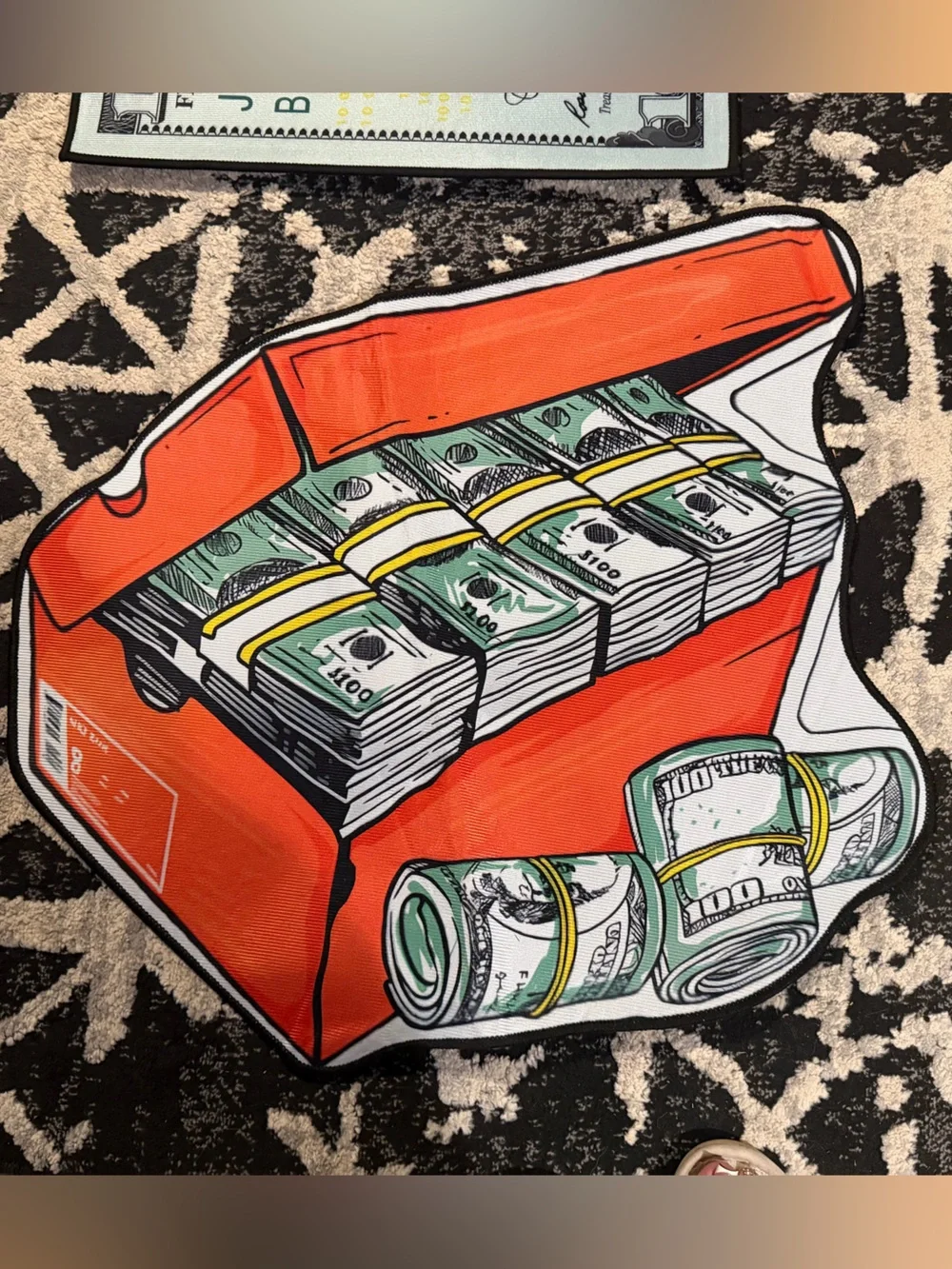 NIKE shoe box exotic rug with $100 bills